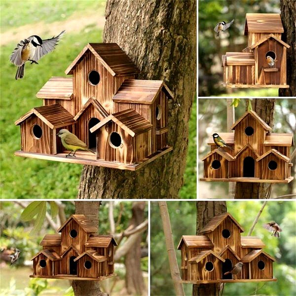 Wooden Bird House Outside 6 Hole Handmade Large Bird Houses For Outside Backyard Courtyard Patio Decor 3