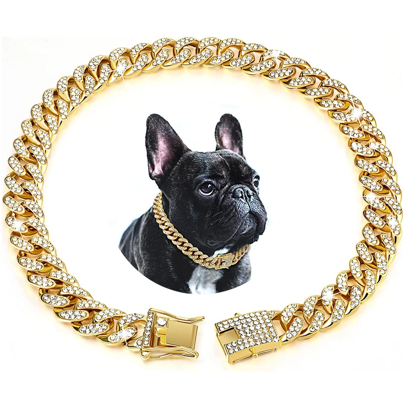 Luxury Diamond Dog Cuban Chain Collar with Design Secure Buckle Pet Necklace Jewelry Accessories for Small